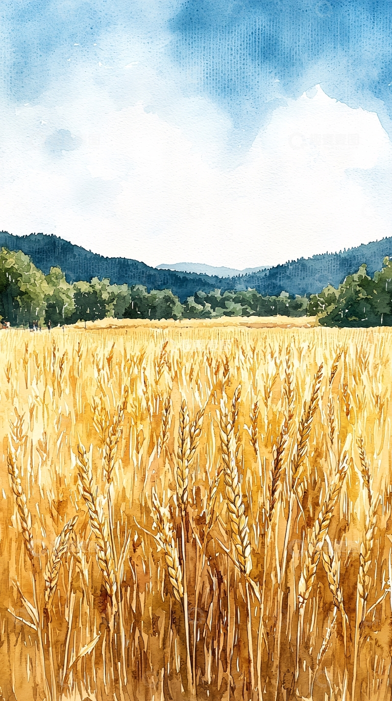 高清大图下载【趣麦麦图】水彩麦田风景画
