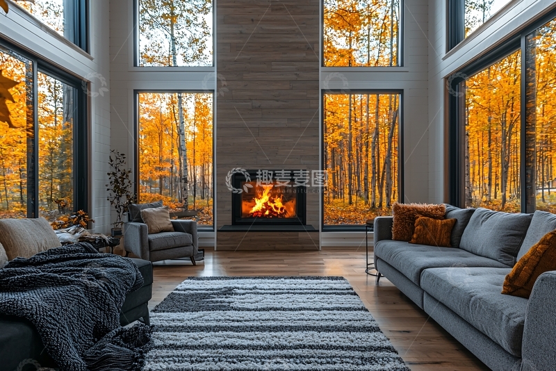 高清大图下载【趣麦麦图】秋日暖阳下的森林小屋客厅