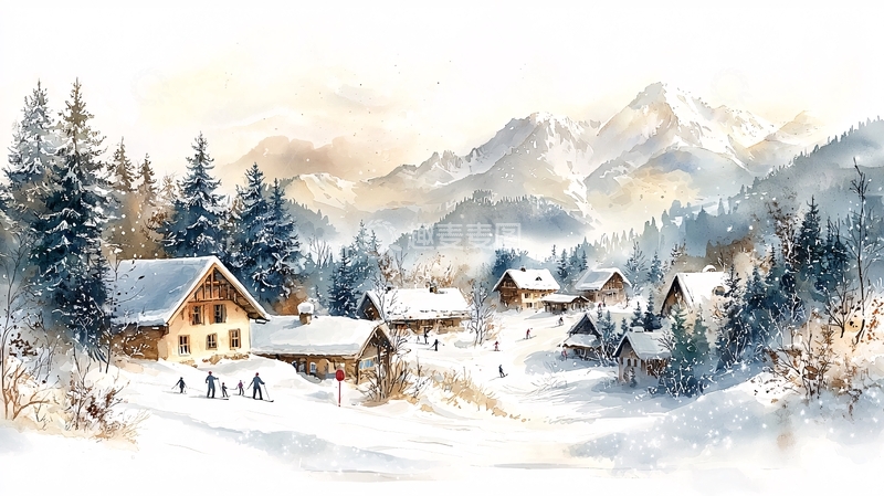 高清大图下载【趣麦麦图】雪山村庄水彩画