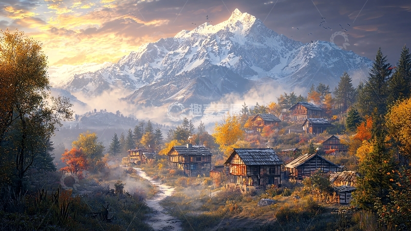 高清大图下载【趣麦麦图】秋日山村雪山景色