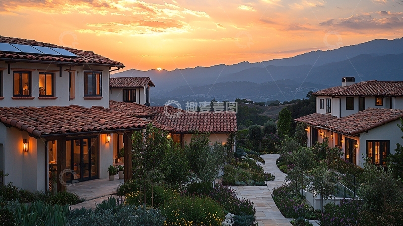 高清大图下载【趣麦麦图】山景别墅落日余晖