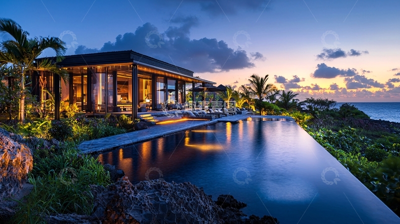 高清大图下载【趣麦麦图】海边现代别墅夜景