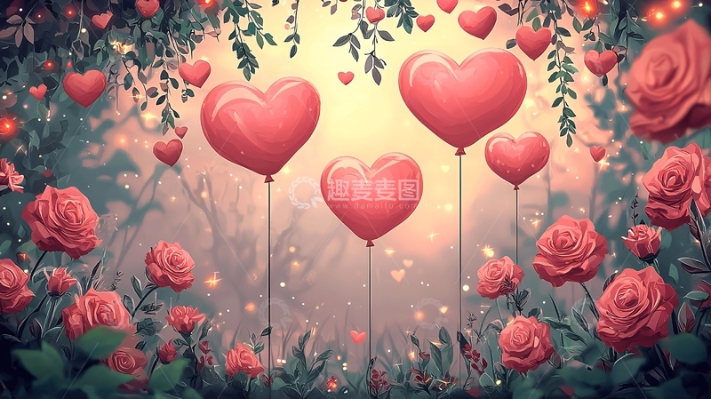 高清大图下载【趣麦麦图】爱心气球玫瑰花丛