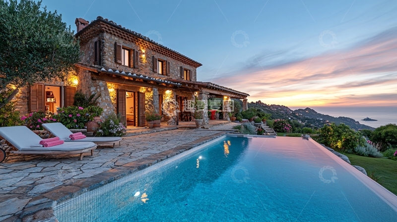 高清大图下载【趣麦麦图】海景别墅落日晚霞