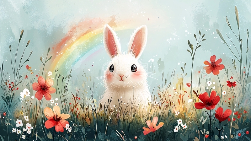 高清大图下载【趣麦麦图】彩虹下的白色兔子