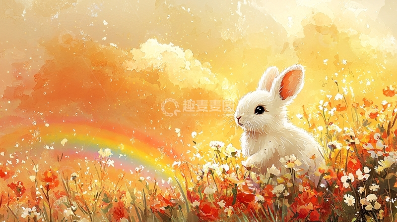 高清大图下载【趣麦麦图】可爱小白兔彩虹花田
