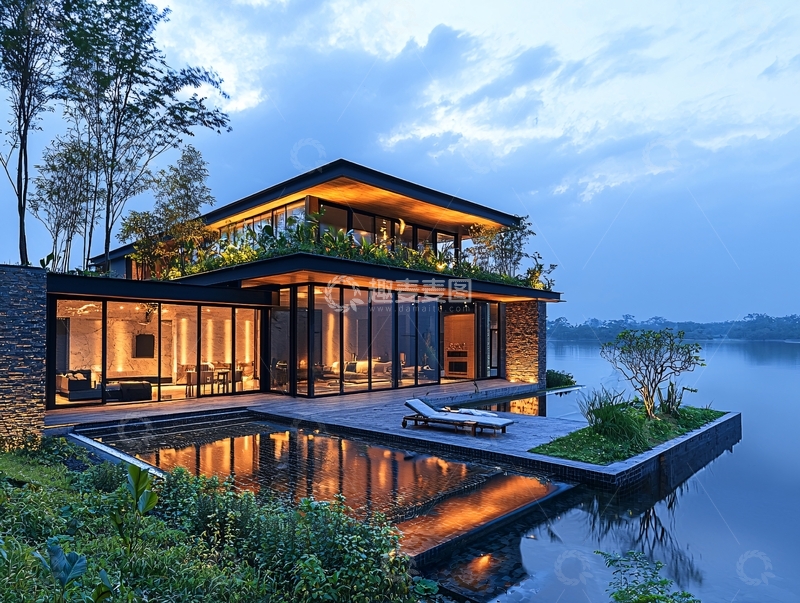 高清大图下载【趣麦麦图】湖边现代别墅夜景