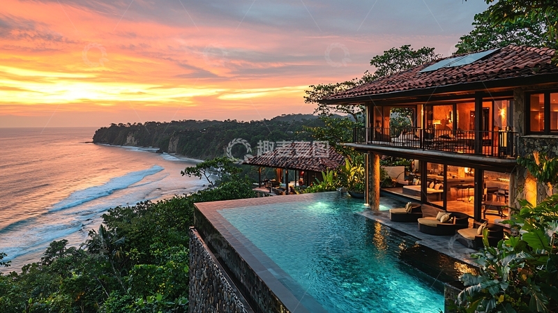 高清大图下载【趣麦麦图】海边别墅落日景色