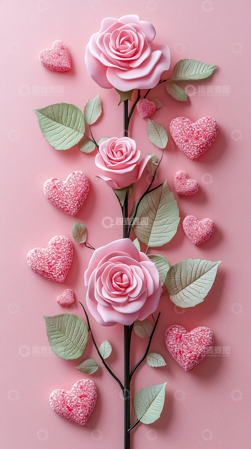 高清大图下载【趣麦麦图】粉色玫瑰花和爱心
