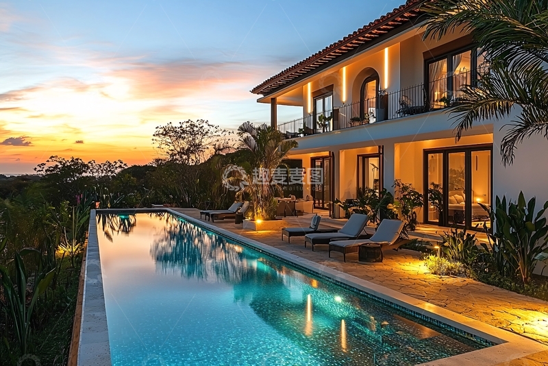 高清大图下载【趣麦麦图】日落别墅泳池景观