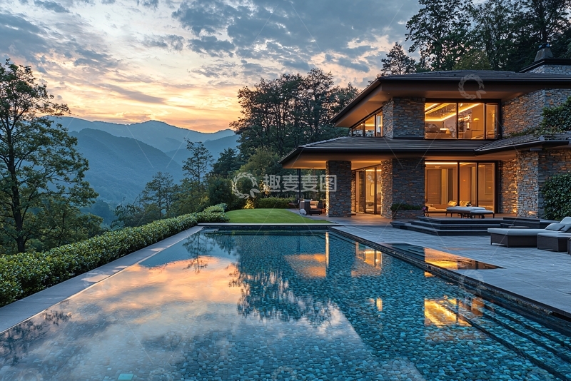 高清大图下载【趣麦麦图】山景泳池别墅夜景