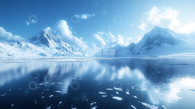 高清大图下载【趣麦麦图】冰雪覆盖的山脉与平静湖面