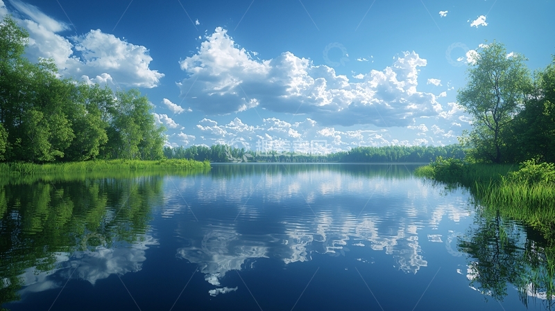 高清大图下载【趣麦麦图】蓝天白云下的平静湖面