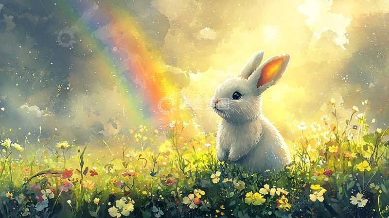 高清大图下载【趣麦麦图】彩虹下的小白兔