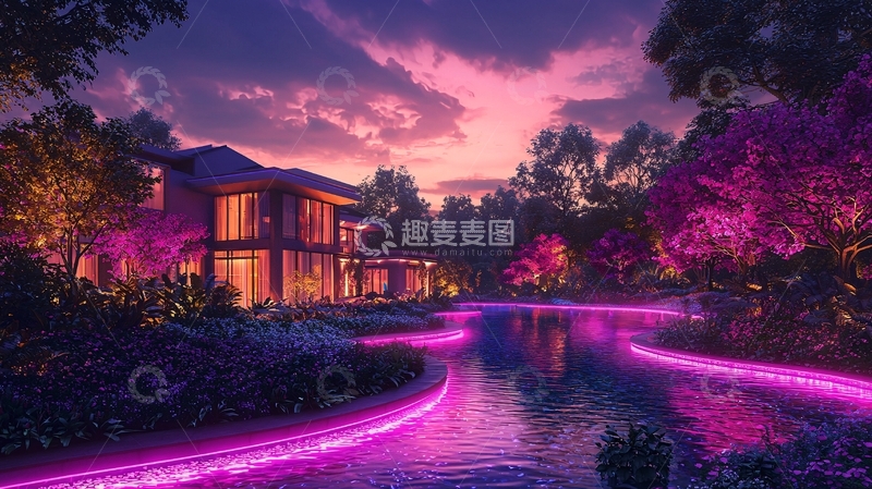 高清大图下载【趣麦麦图】梦幻紫色灯光别墅夜景