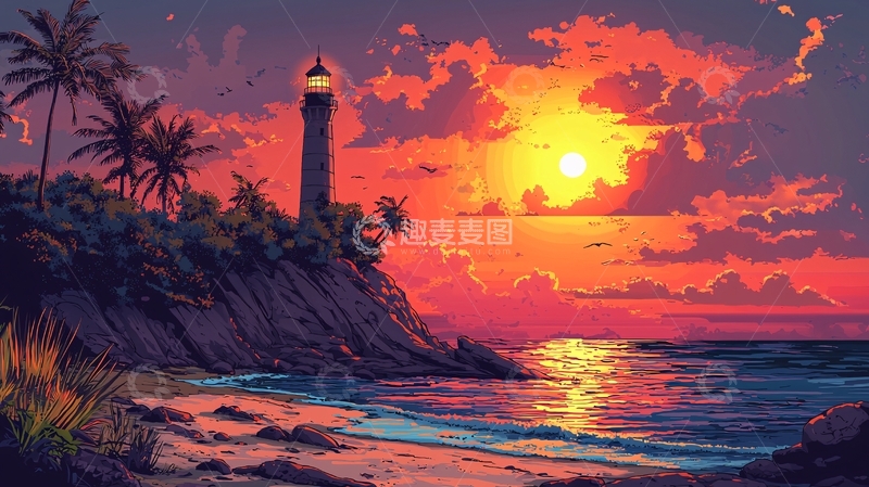 高清大图下载【趣麦麦图】日落海滩灯塔风景画