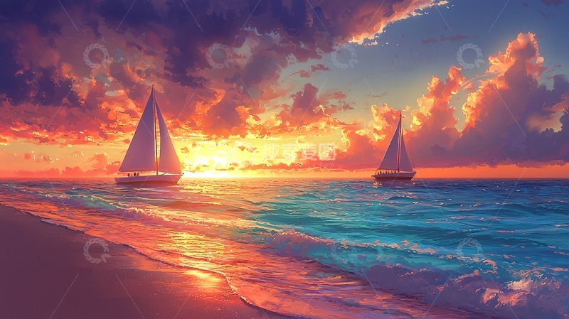 高清大图下载【趣麦麦图】落日余晖下的帆船海景