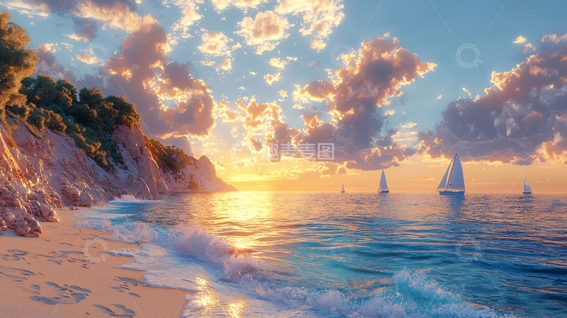 高清大图下载【趣麦麦图】日落海滩帆船风景