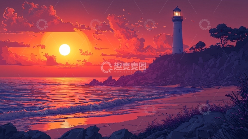 高清大图下载【趣麦麦图】日落海景灯塔剪影