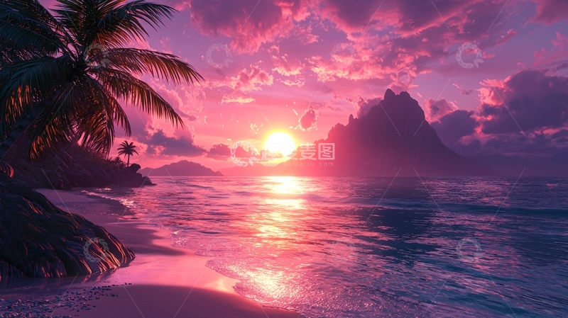 高清大图下载【趣麦麦图】粉红色夕阳下的热带海滩