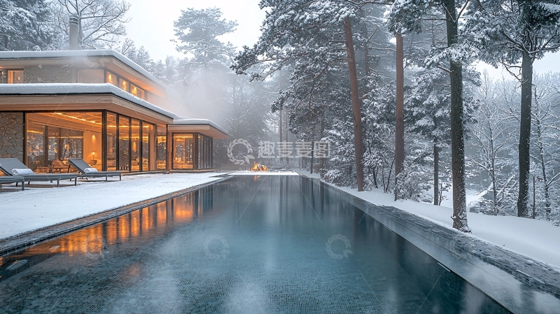 高清大图下载【趣麦麦图】雪景别墅无边泳池