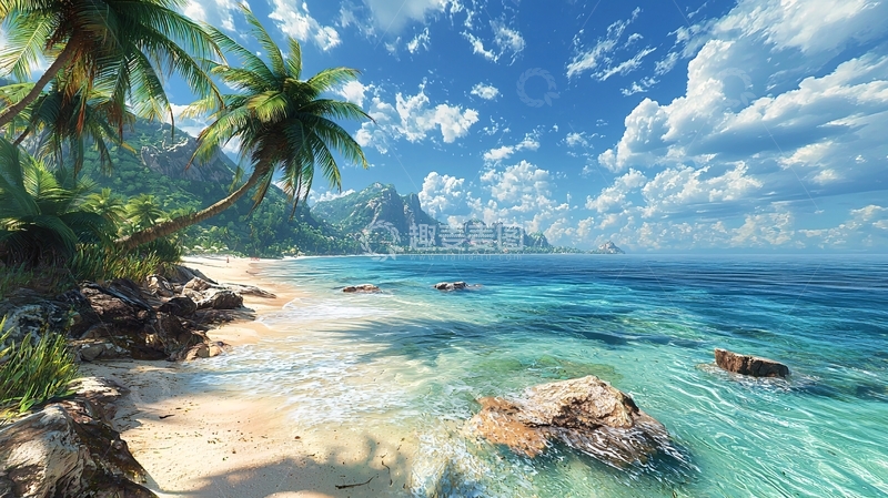 高清大图下载【趣麦麦图】热带海滩椰林风光