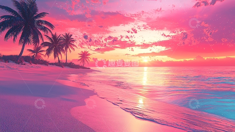 高清大图下载【趣麦麦图】粉色系海滩日落