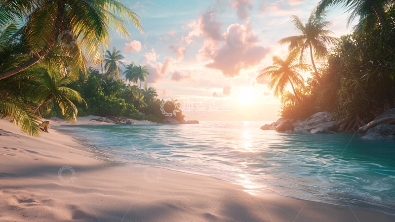 高清大图下载【趣麦麦图】热带海滩日落椰林