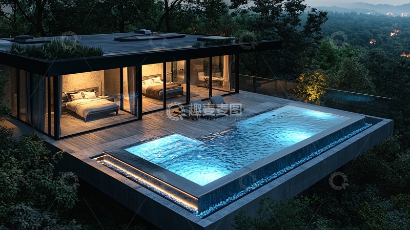 高清大图下载【趣麦麦图】山顶泳池别墅夜景