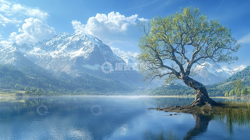 高清大图下载【趣麦麦图】湖边树木雪山风景