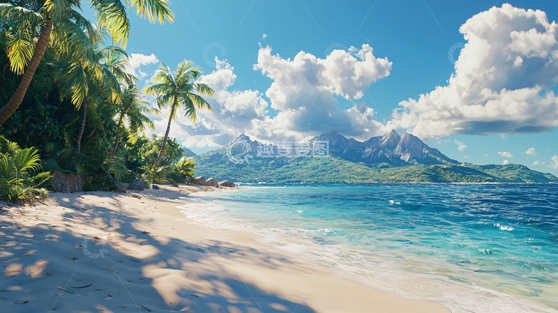 高清大图下载【趣麦麦图】热带海滩椰树雪山风景