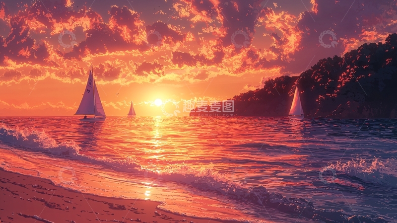 高清大图下载【趣麦麦图】日落海景帆船