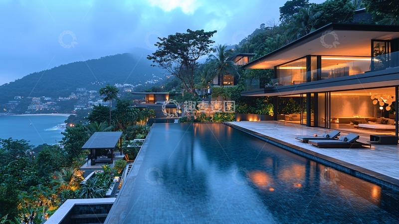 高清大图下载【趣麦麦图】山顶别墅夜景泳池