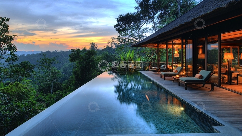 高清大图下载【趣麦麦图】度假泳池日落美景