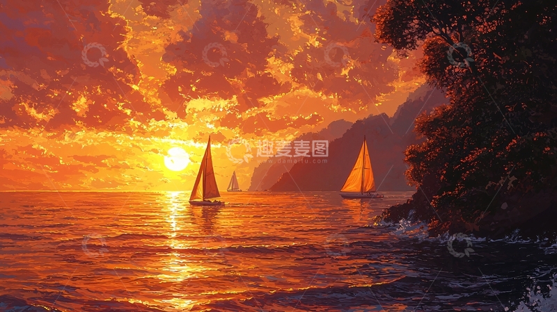 高清大图下载【趣麦麦图】日落海景帆船