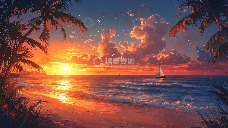 高清大图下载【趣麦麦图】热带海滩日落