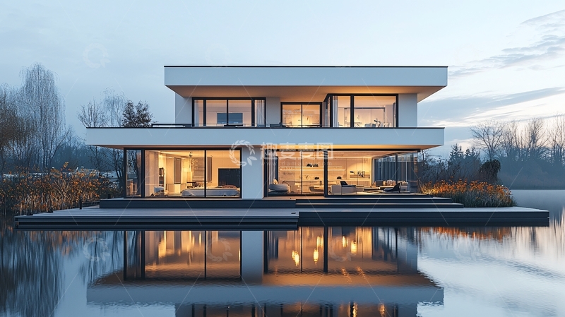 高清大图下载【趣麦麦图】现代简约湖景别墅