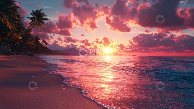 高清大图下载【趣麦麦图】粉色系海滩日落