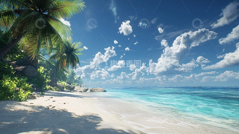 高清大图下载【趣麦麦图】热带海滩椰树白沙蓝天