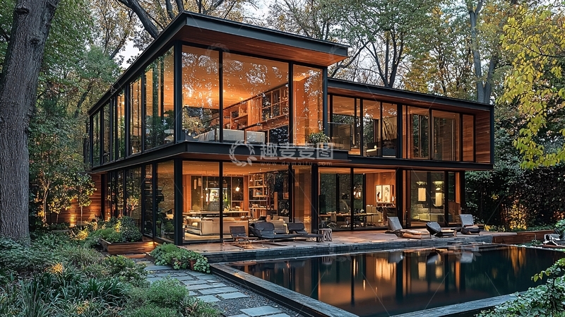 高清大图下载【趣麦麦图】现代玻璃房别墅夜景
