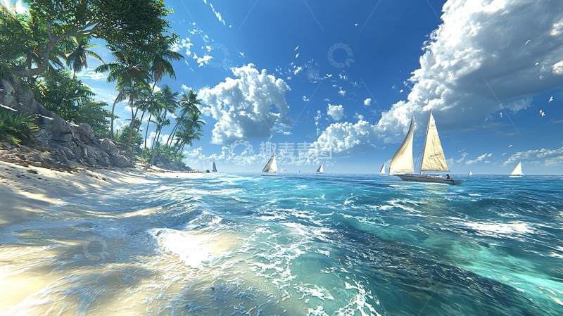 高清大图下载【趣麦麦图】阳光沙滩游艇碧海蓝天