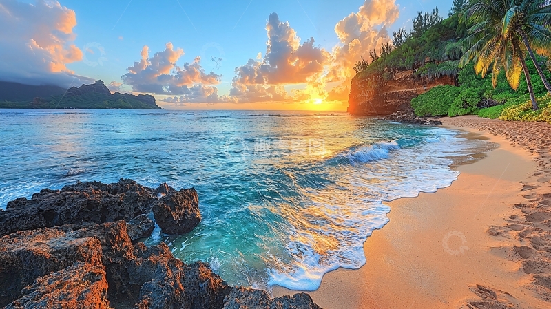 高清大图下载【趣麦麦图】海滩日落椰树风景