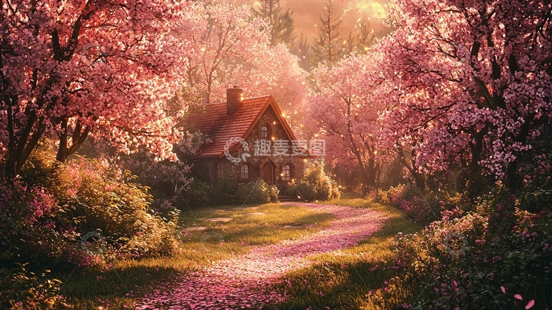 高清大图下载【趣麦麦图】粉色樱花树林小屋