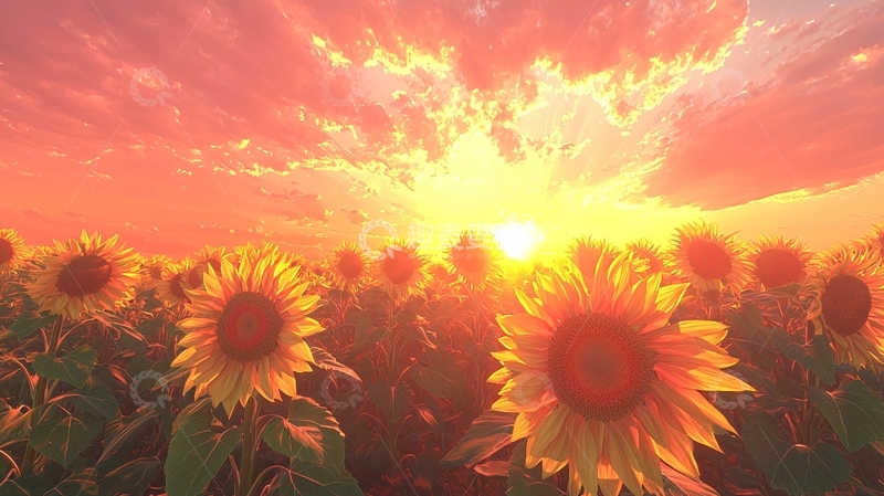高清大图下载【趣麦麦图】日落下的向日葵田