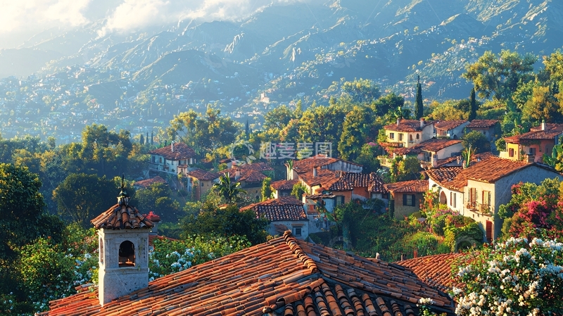 高清大图下载【趣麦麦图】山间小镇红瓦屋顶