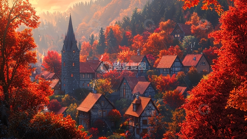 高清大图下载【趣麦麦图】秋日红叶山村小镇