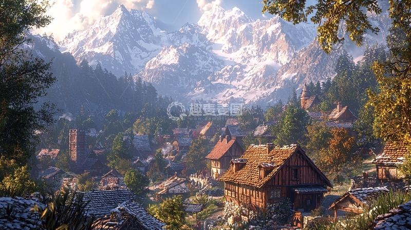 高清大图下载【趣麦麦图】雪山环抱的宁静村庄