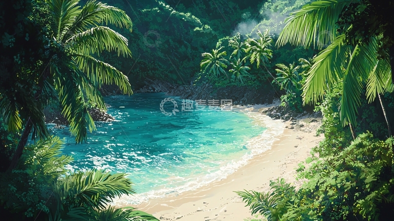 高清大图下载【趣麦麦图】热带海滩椰林环绕
