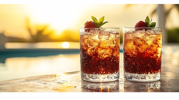 日落泳池旁的树莓鸡尾酒