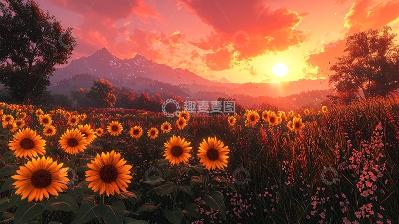 高清大图下载【趣麦麦图】向日葵田野落日余晖